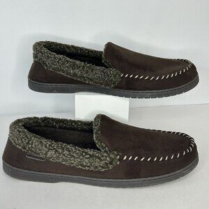 Dearfoams Slippers Men's Dark Brown Size XL 13-14 Moccasin Fur edged cushioned